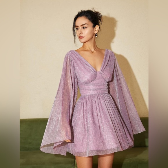 AEL Amy Enjoy Life Flowey Wing Sleeve Purple Sparkle Mini-Dress Sz: Small - Picture 9 of 10